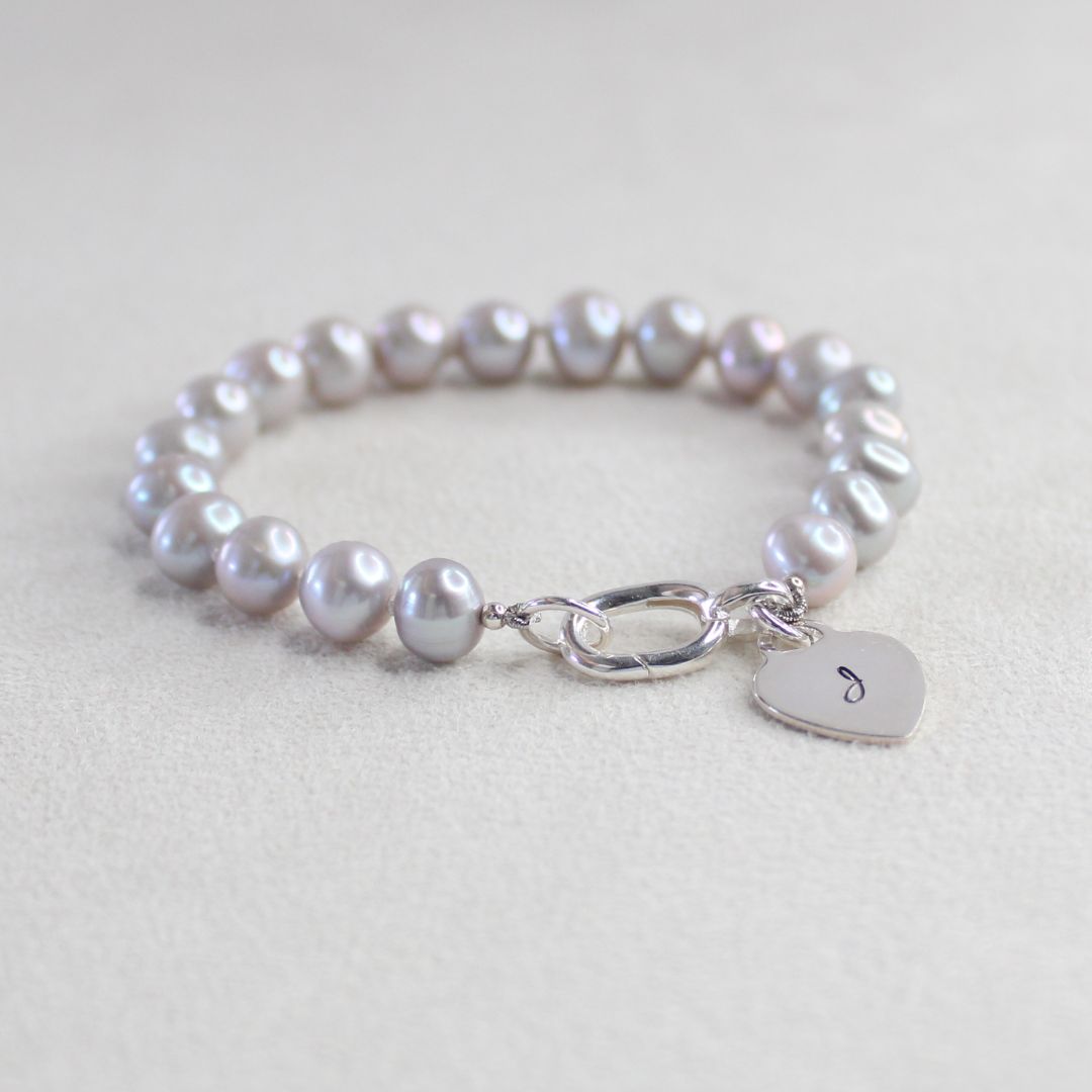 Tide 7mm Grey Pearl Bracelet - Initial Heart Charm