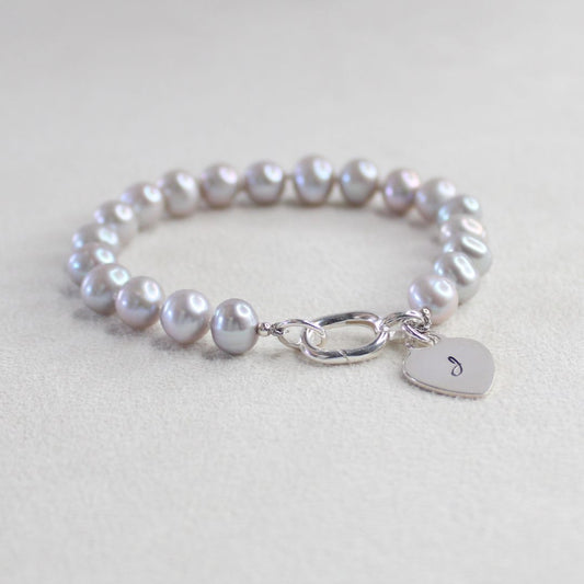Tide 7mm Grey Pearl Bracelet - Initial Heart Charm