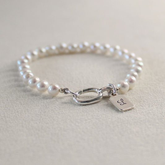 Drift 5mm White Pearl Bracelet - Rectangle Initial Charm