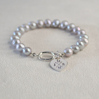 Tide 7mm Grey Pearl Bracelet - Cross Your Heart Charm