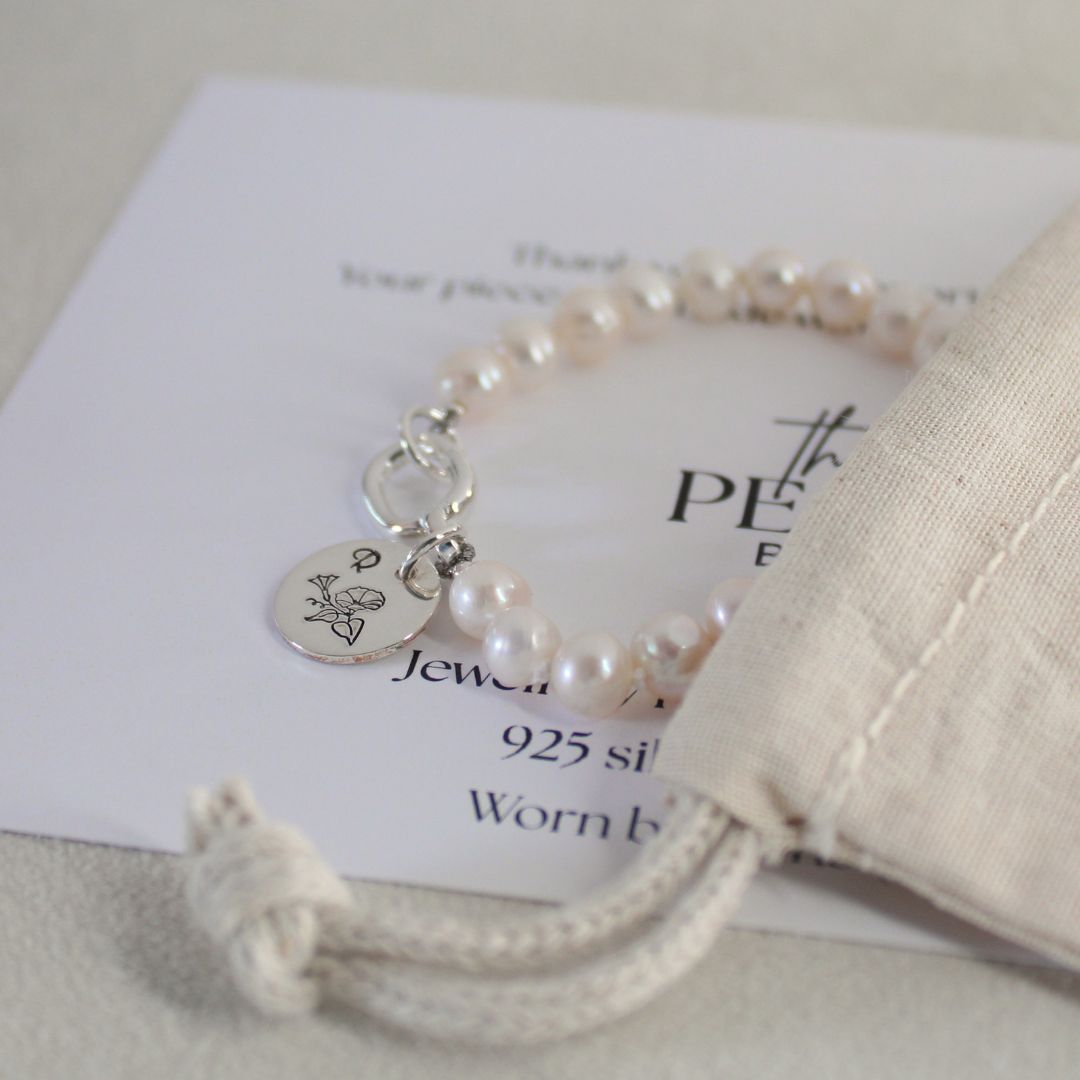 Drift 6mm White Pearl Bracelet - Birthflower & Initial Charm