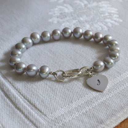 Tide 7mm Grey Pearl Bracelet - Initial Heart Charm
