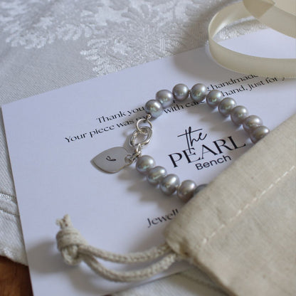 Tide 7mm Grey Pearl Bracelet - Initial Heart Charm