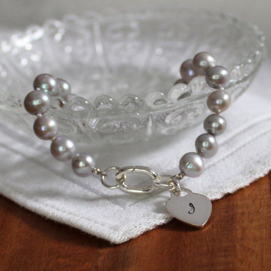 Tide 7mm Grey Pearl Bracelet - Initial Heart Charm
