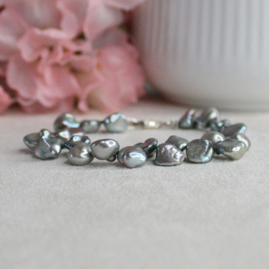 Silvery Green Keshi Pearl Bracelet - Verdant Whisper