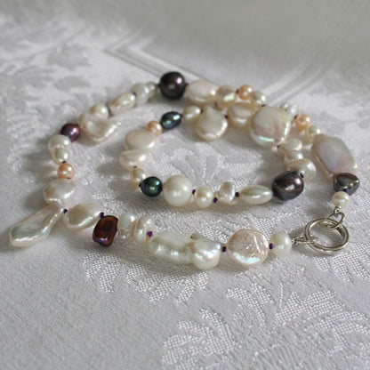 Mixed Pearl Necklace with Amethyst Silk