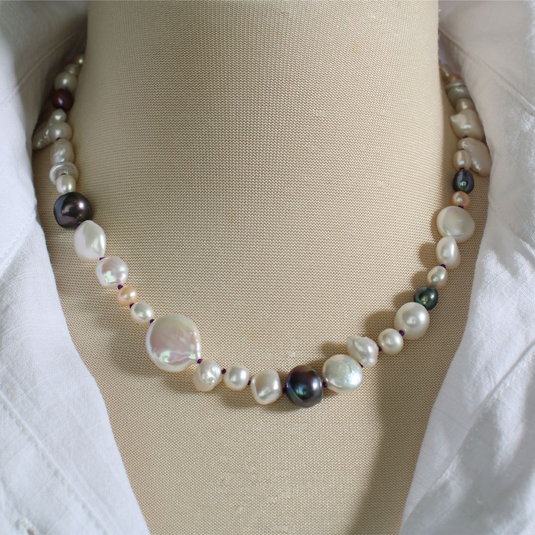 Mixed Pearl Necklace with Amethyst Silk