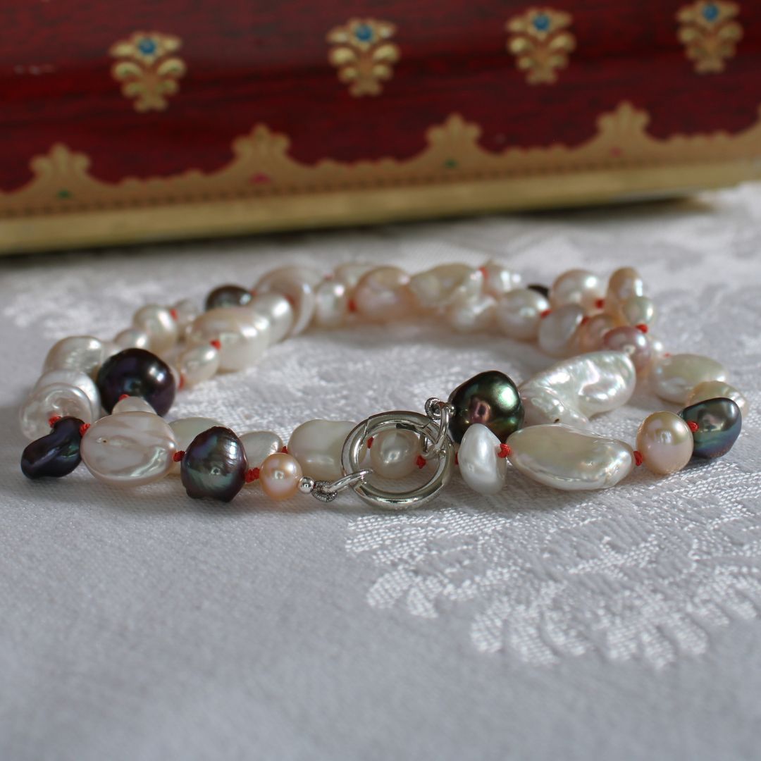 Mixed Pearl Necklace with Coral Silk