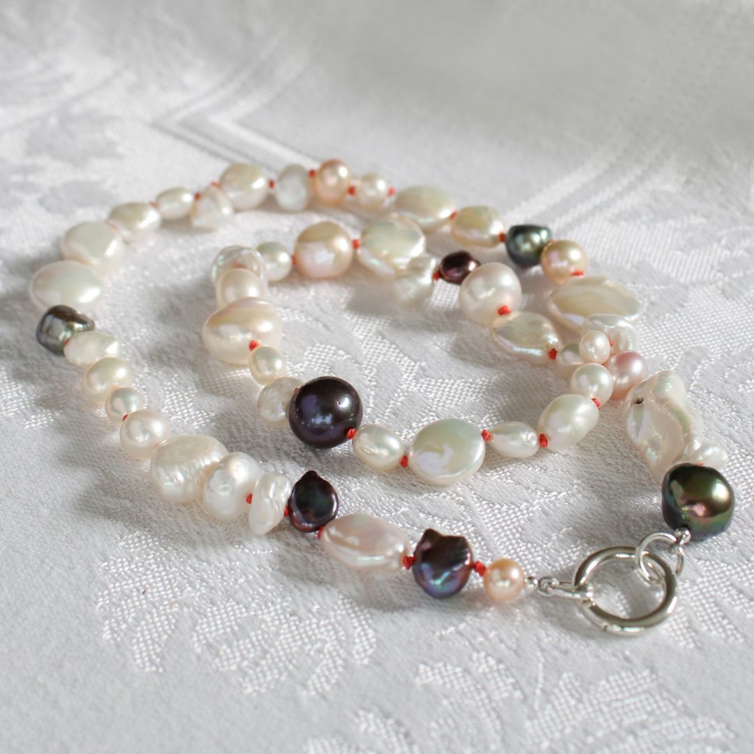 Mixed Pearl Necklace with Coral Silk