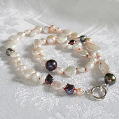 Mixed Pearl Necklace with Coral Silk