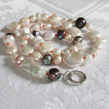 Mixed Pearl Necklace with Coral Silk