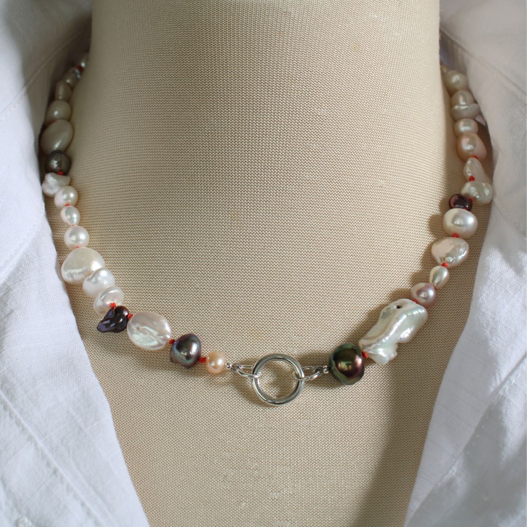 Mixed Pearl Necklace with Coral Silk