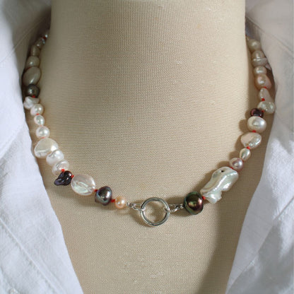Mixed Pearl Necklace with Coral Silk