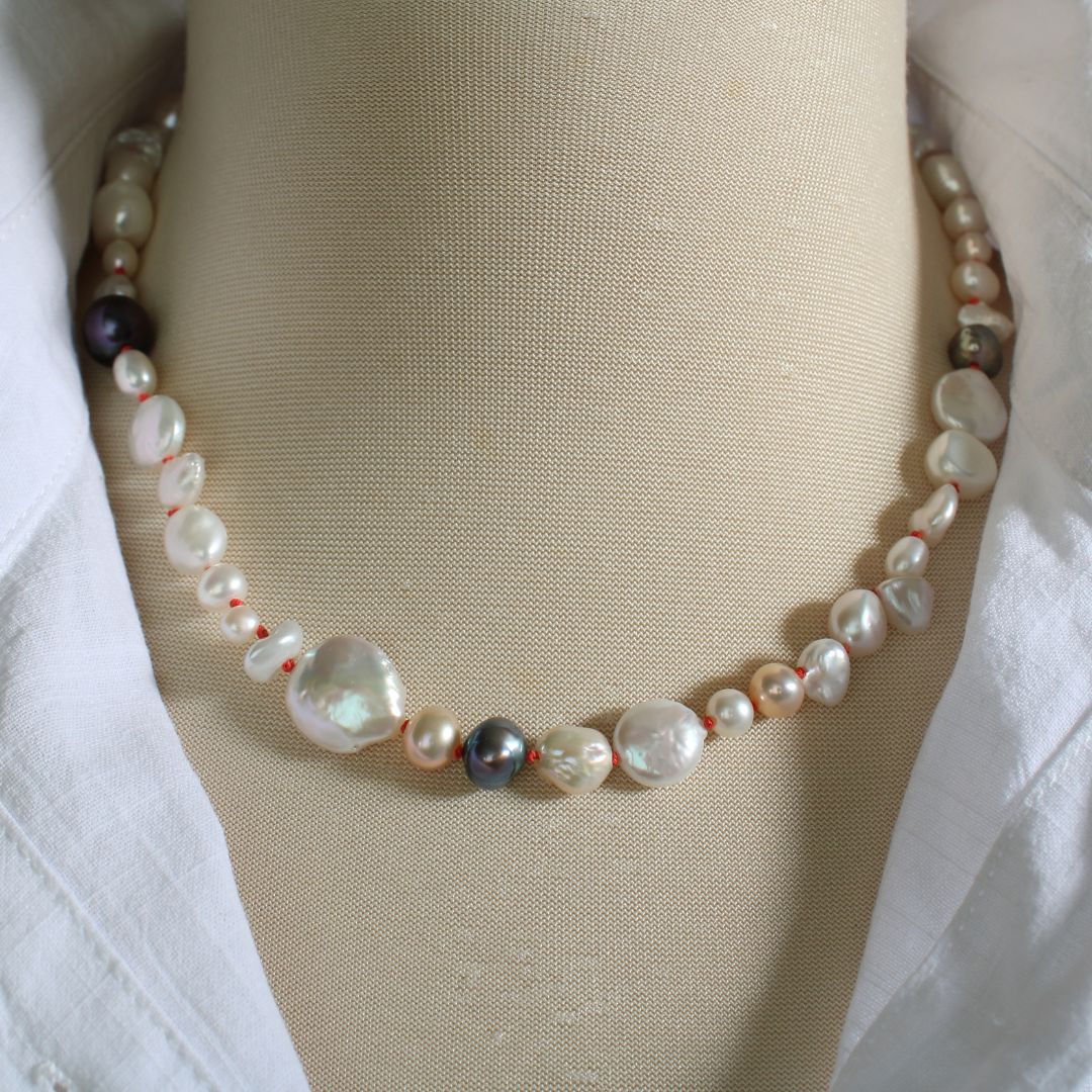 Mixed Pearl Necklace with Coral Silk