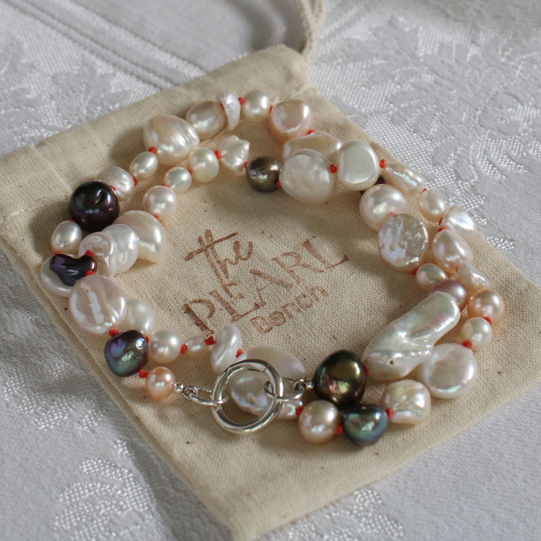 Mixed Pearl Necklace with Coral Silk