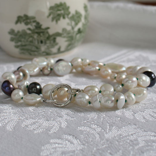 Mixed Pearl Necklace with Emerald Silk