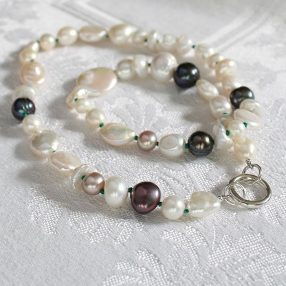 Mixed Pearl Necklace with Emerald Silk