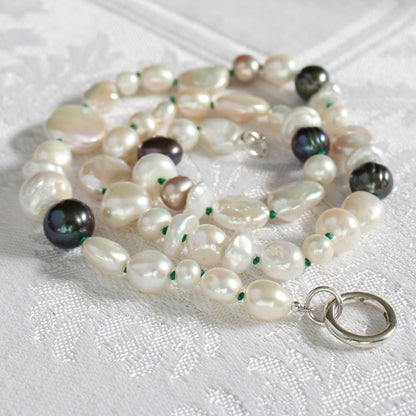 Mixed Pearl Necklace with Emerald Silk