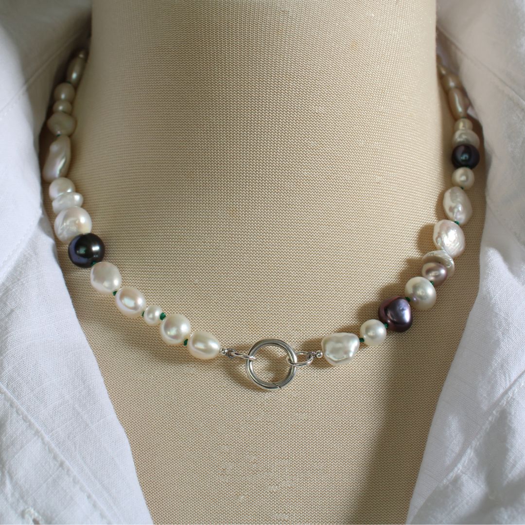 Mixed Pearl Necklace with Emerald Silk