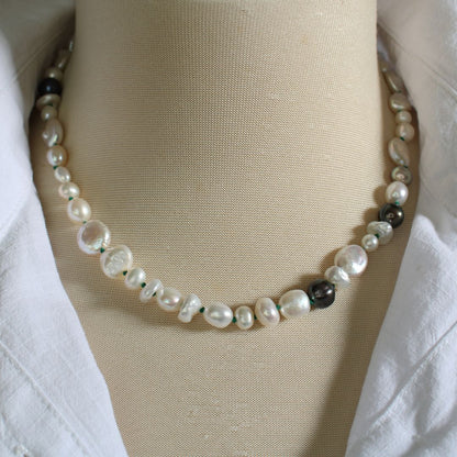 Mixed Pearl Necklace with Emerald Silk