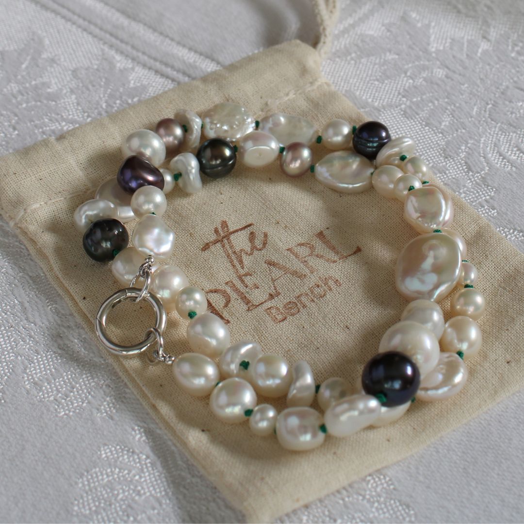 Mixed Pearl Necklace with Emerald Silk