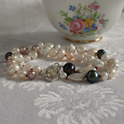 Mixed Pearl Necklace with Garnet Silk