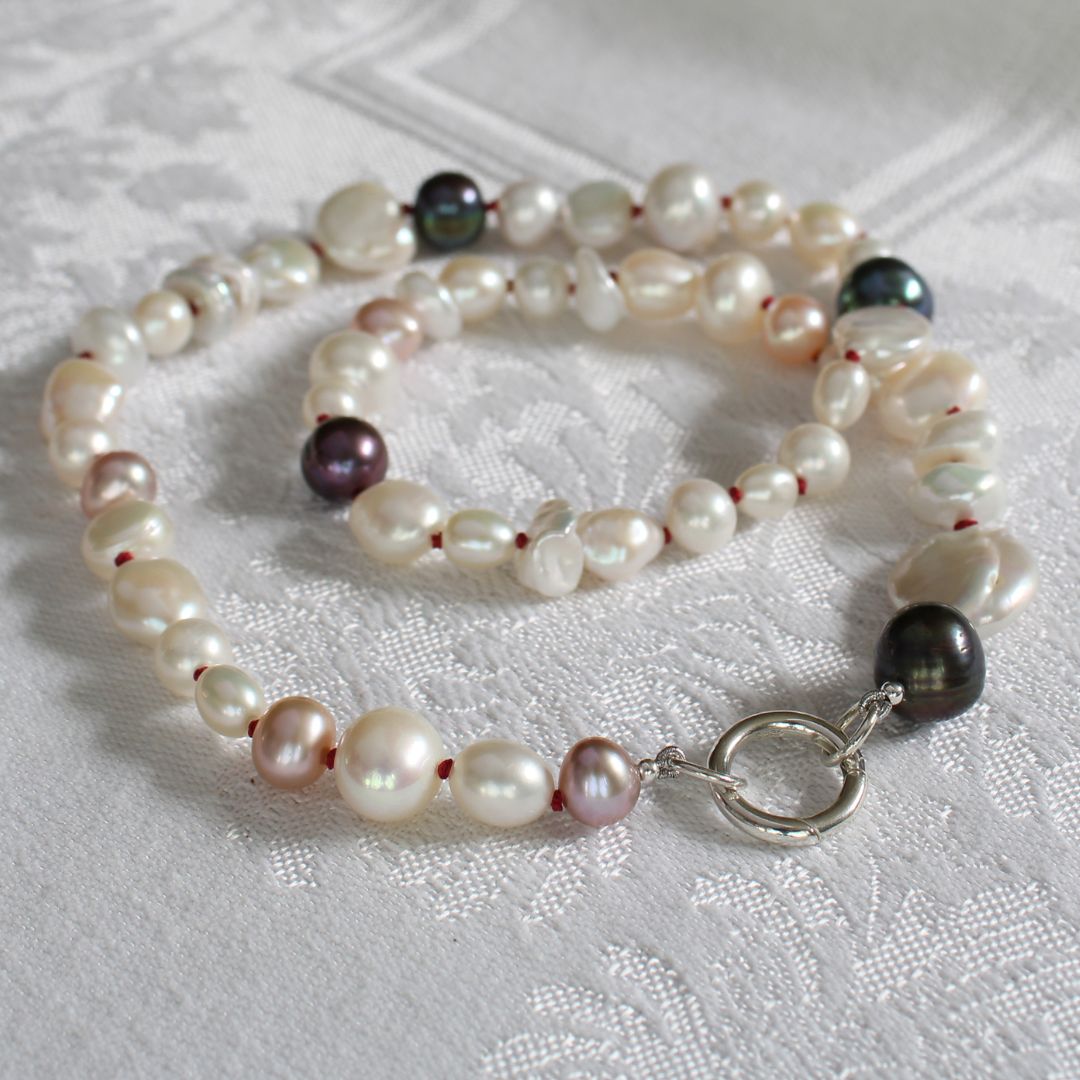 Mixed Pearl Necklace with Garnet Silk