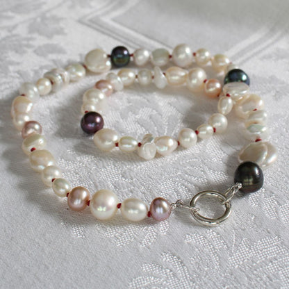 Mixed Pearl Necklace with Garnet Silk