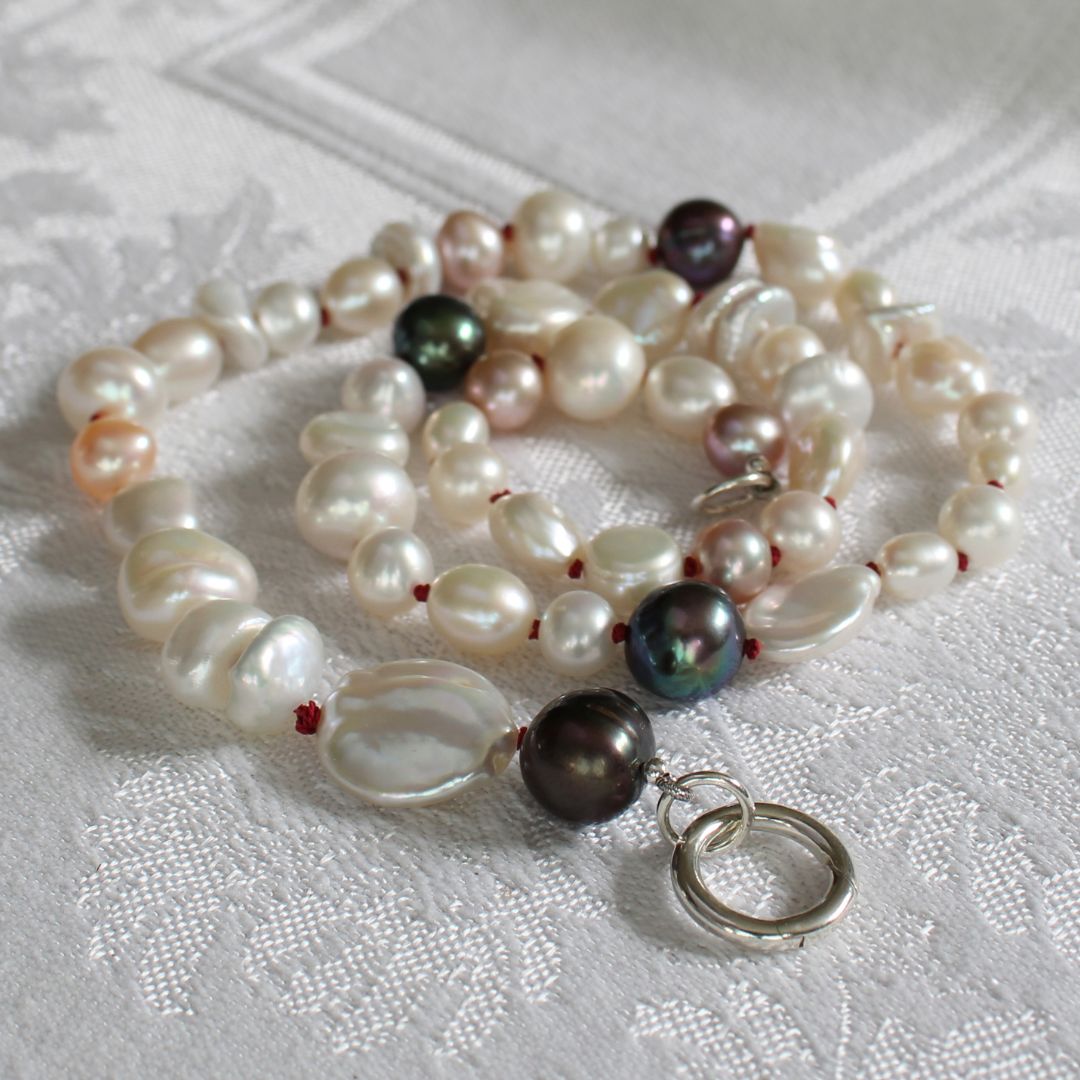 Mixed Pearl Necklace with Garnet Silk