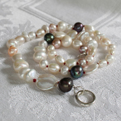 Mixed Pearl Necklace with Garnet Silk