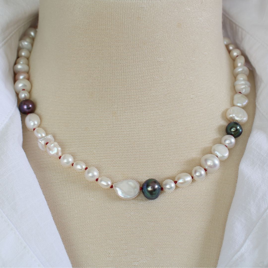 Mixed Pearl Necklace with Garnet Silk