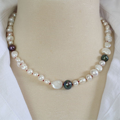 Mixed Pearl Necklace with Garnet Silk