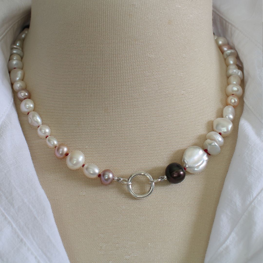 Mixed Pearl Necklace with Garnet Silk