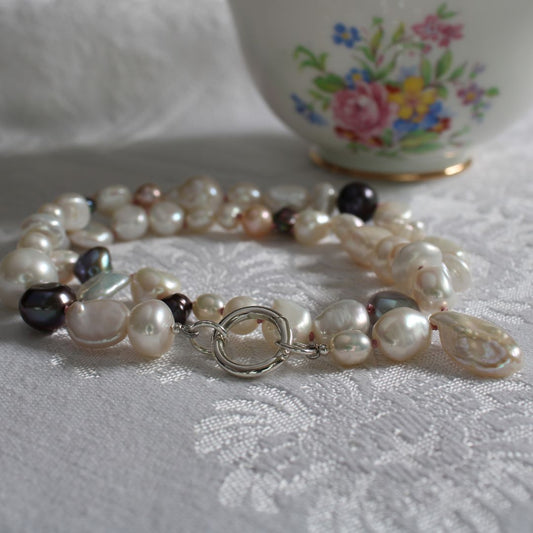 Mixed Pearl Necklace with Old Rose Silk