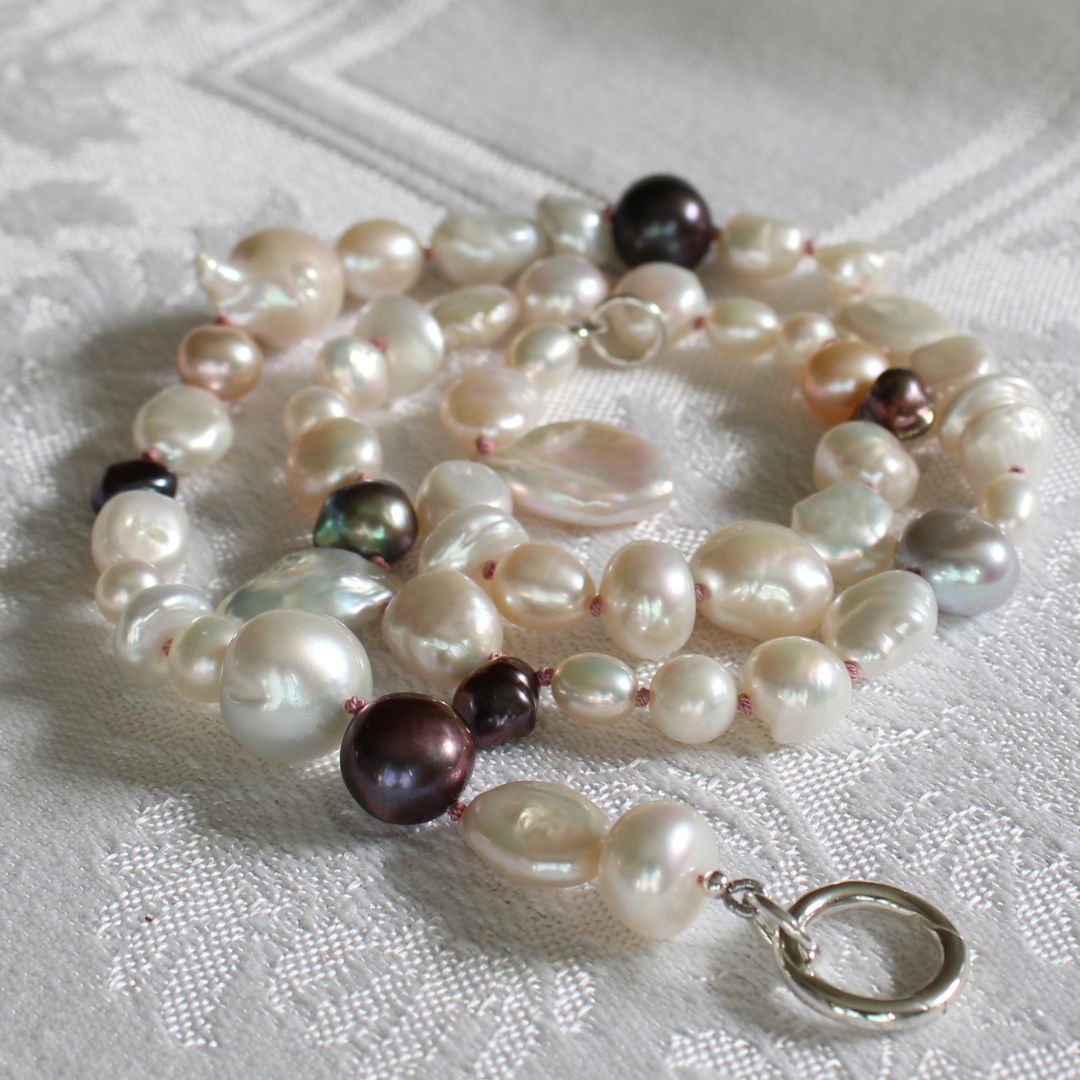 Mixed Pearl Necklace with Old Rose Silk