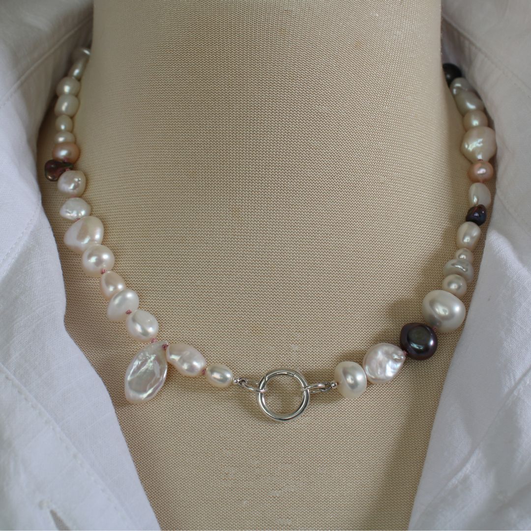 Mixed Pearl Necklace with Old Rose Silk