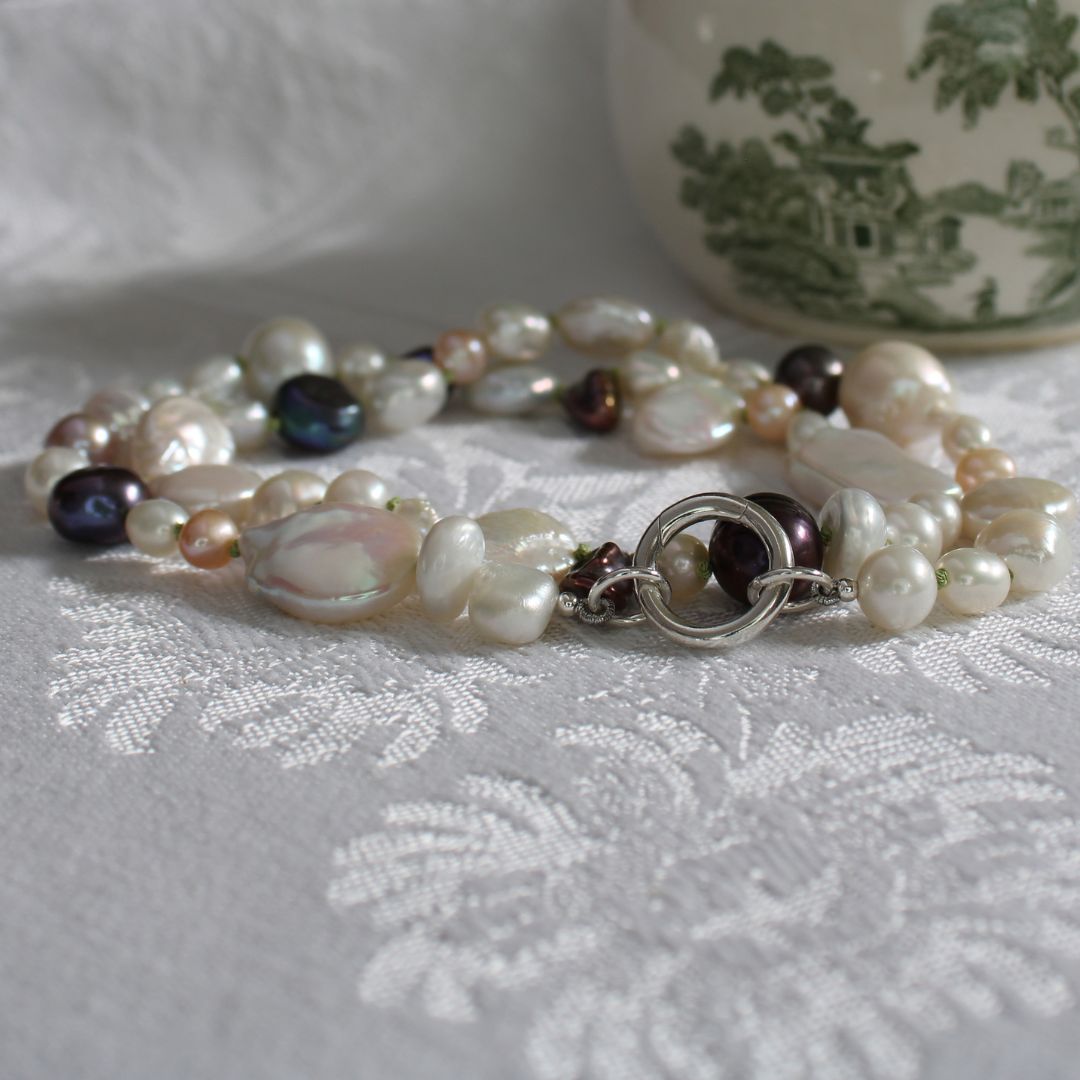 Mixed Pearl Necklace with Peridot Silk