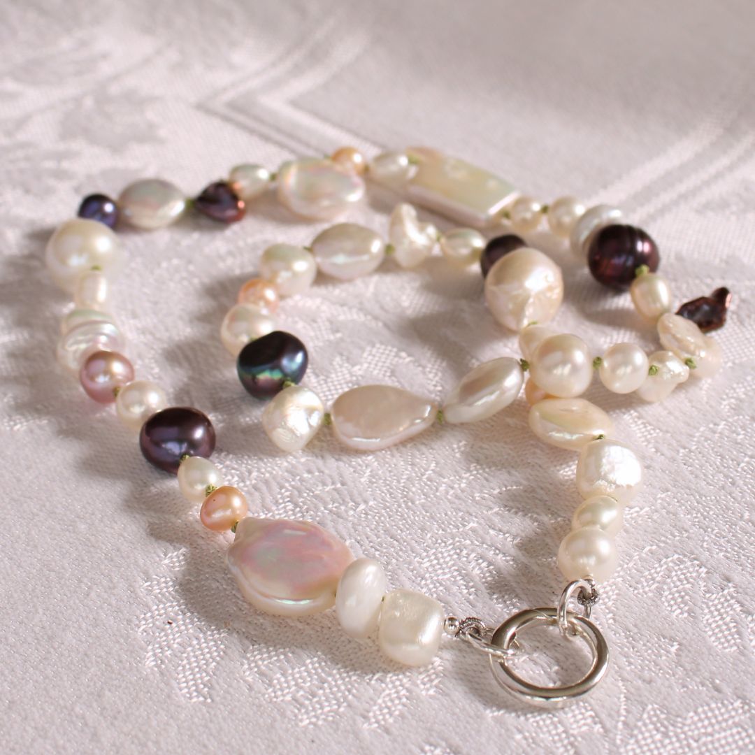 Mixed Pearl Necklace with Peridot Silk