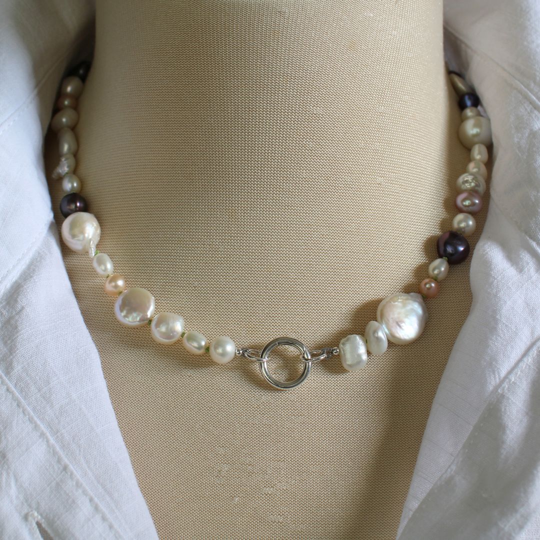 Mixed Pearl Necklace with Peridot Silk