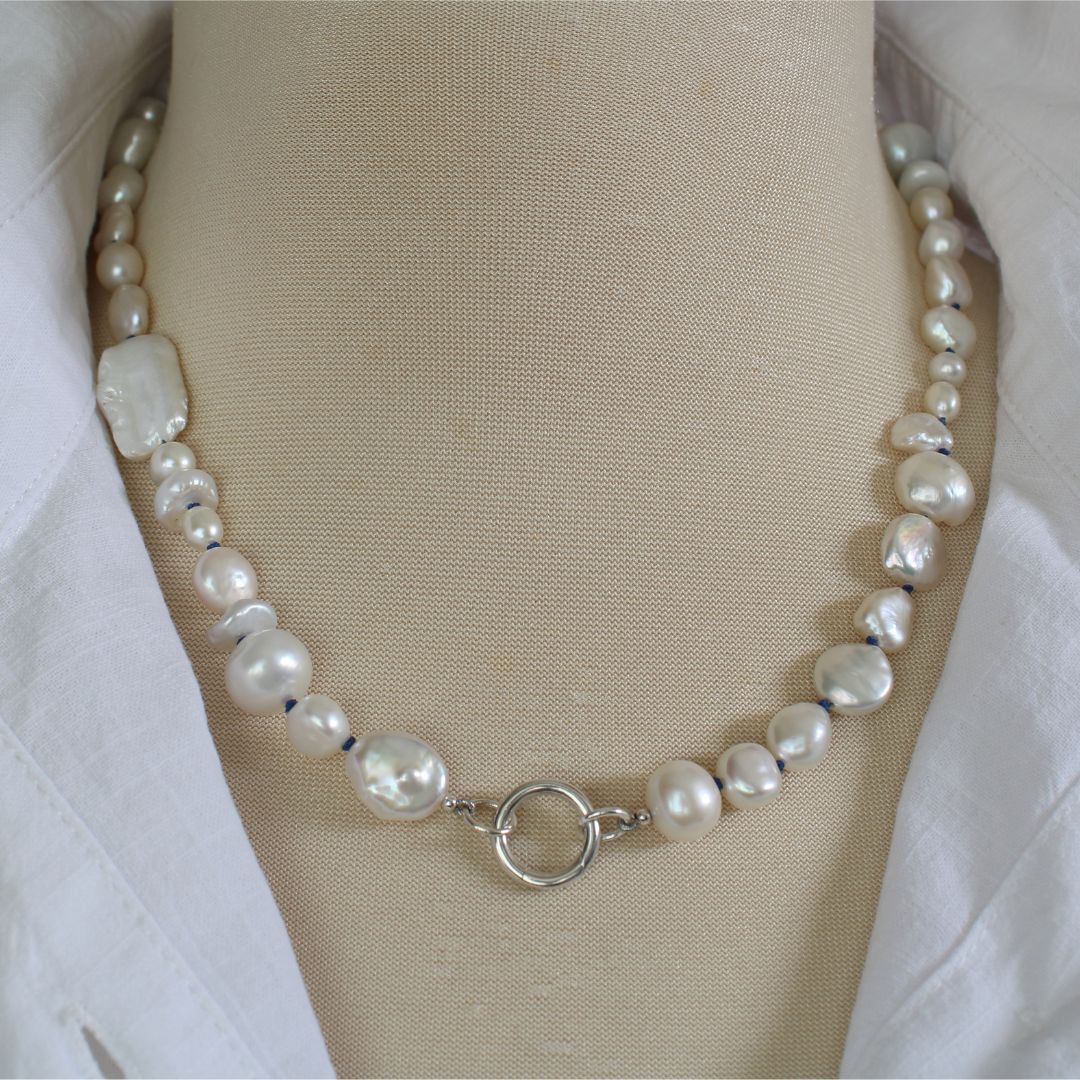 Mixed Pearl Necklace with Sapphire Silk