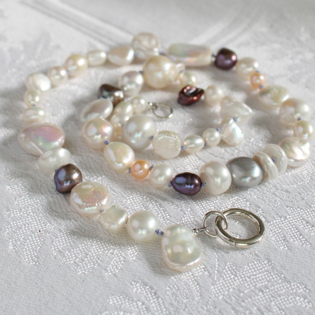 Mixed Pearl Necklace with Periwinkle Silk