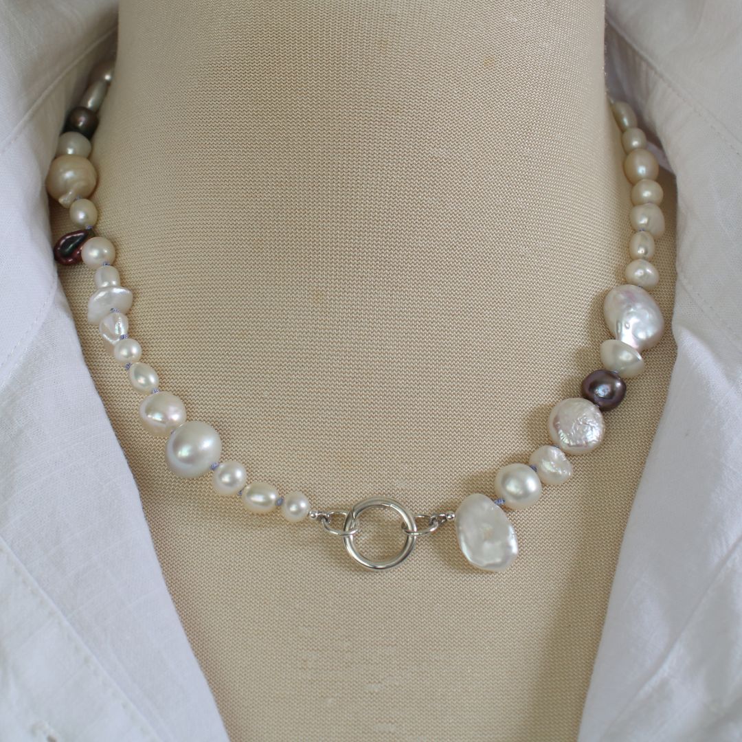 Mixed Pearl Necklace with Periwinkle Silk