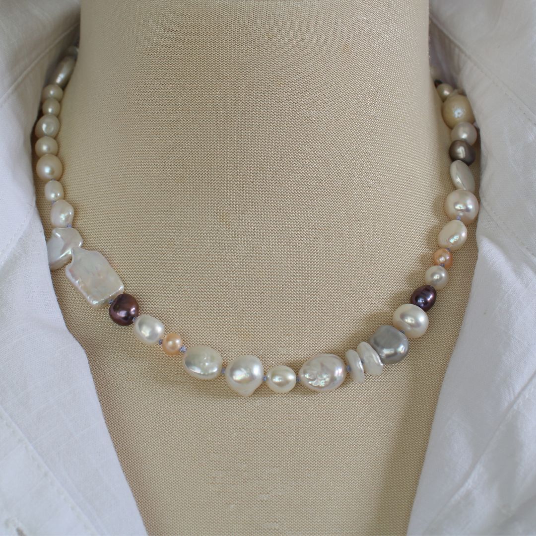 Mixed Pearl Necklace with Periwinkle Silk