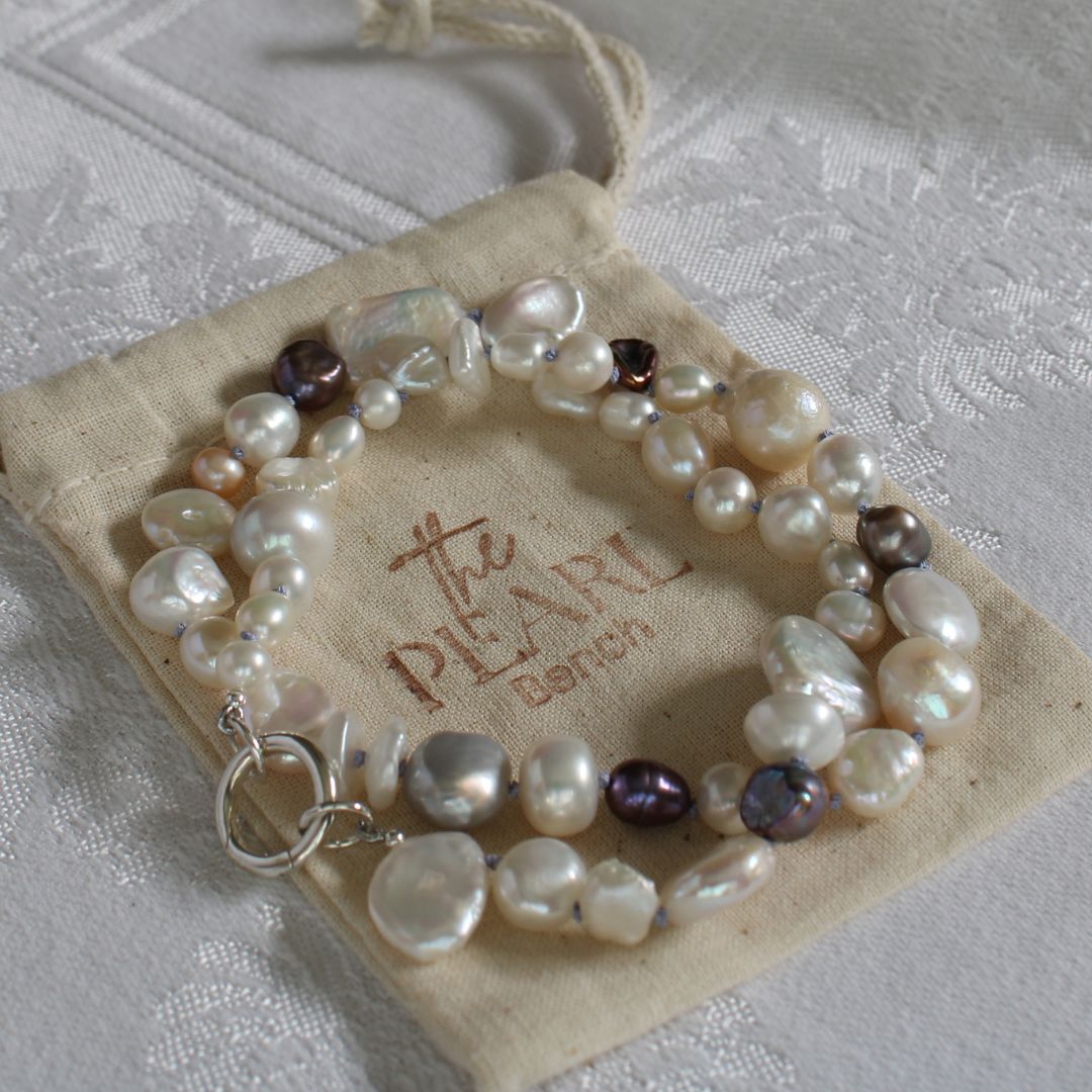Mixed Pearl Necklace with Periwinkle Silk
