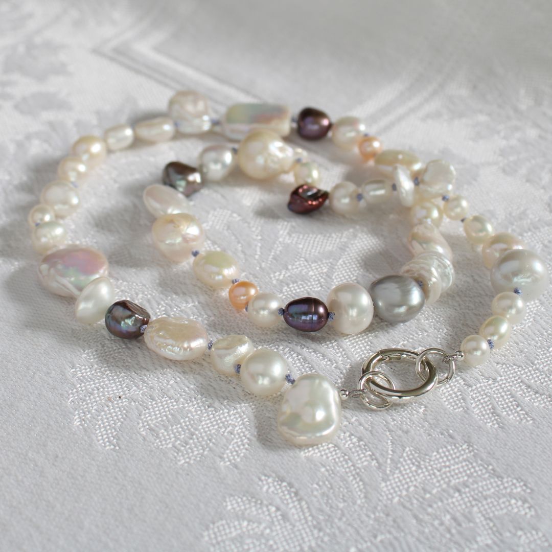 Mixed Pearl Necklace with Periwinkle Silk