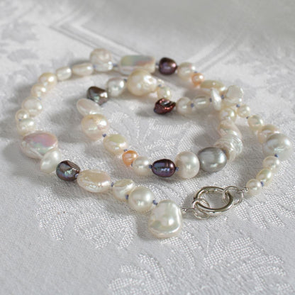 Mixed Pearl Necklace with Periwinkle Silk