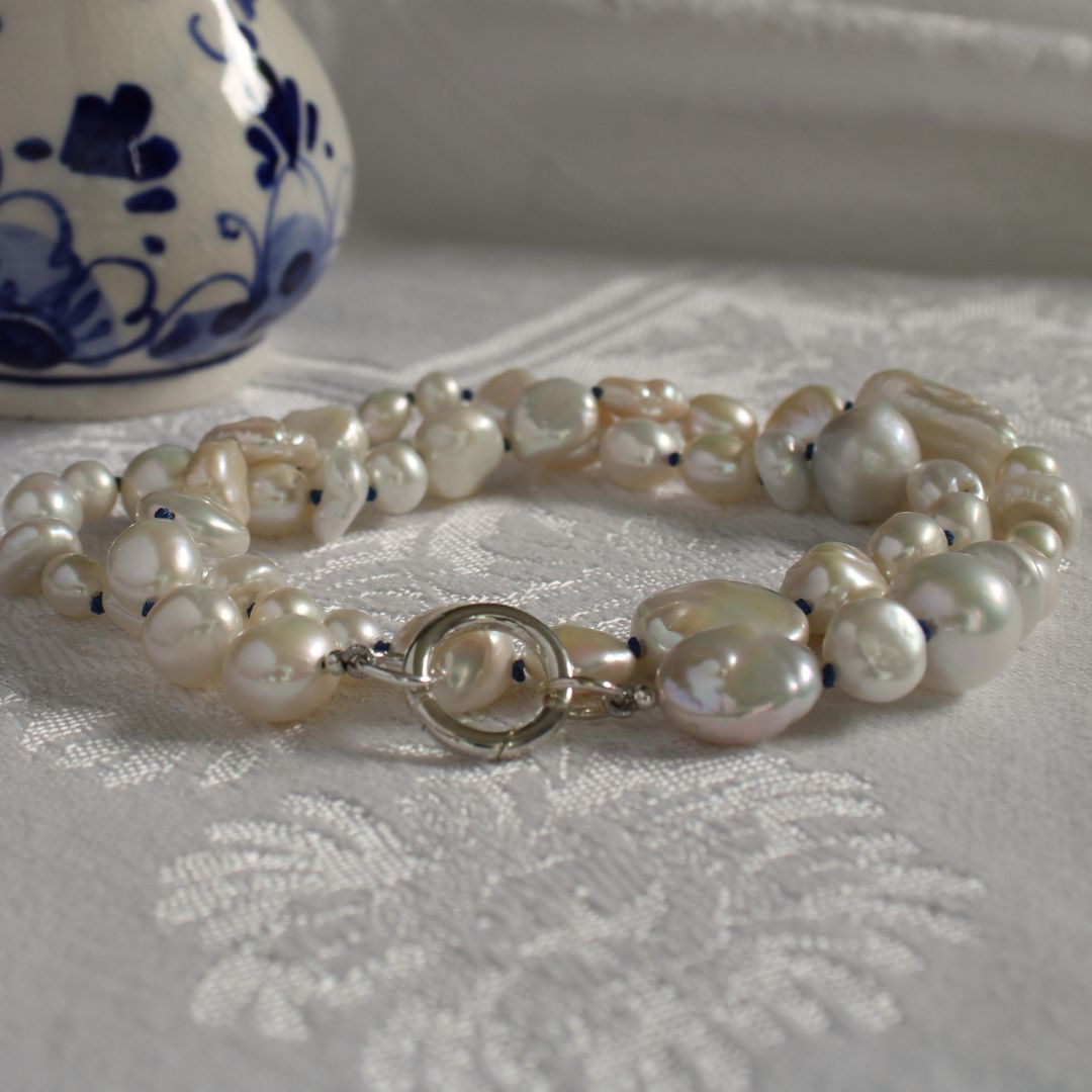 Mixed Pearl Necklace with Sapphire Silk