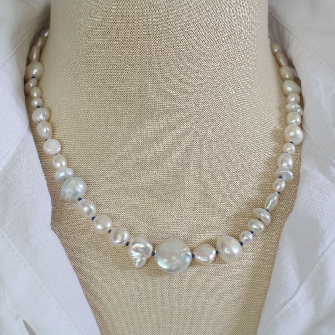 Mixed Pearl Necklace with Sapphire Silk