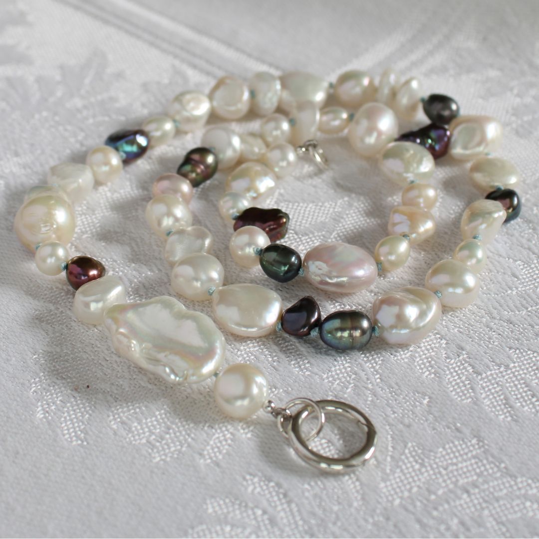 Mixed Pearl Necklace with Turquoise Silk