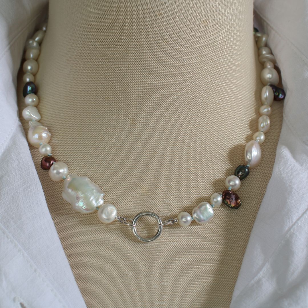 Mixed Pearl Necklace with Turquoise Silk